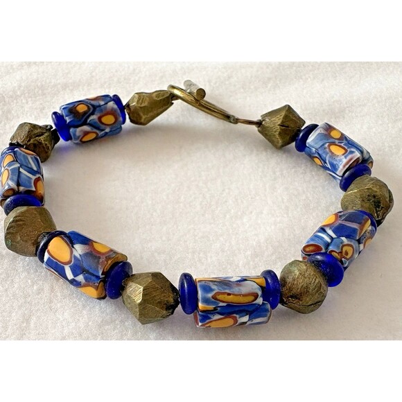 Jewelry - Bracelet Venetian Millefiori Glass African Trade Beads Yellow Blue Cylindrical